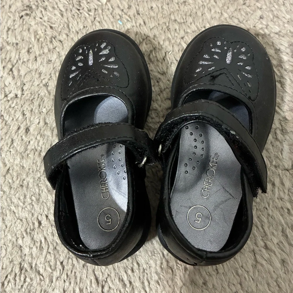 Cherokee Black Mary Jane Velcro Dress Shoes with Butterfly Design Girl Size 5